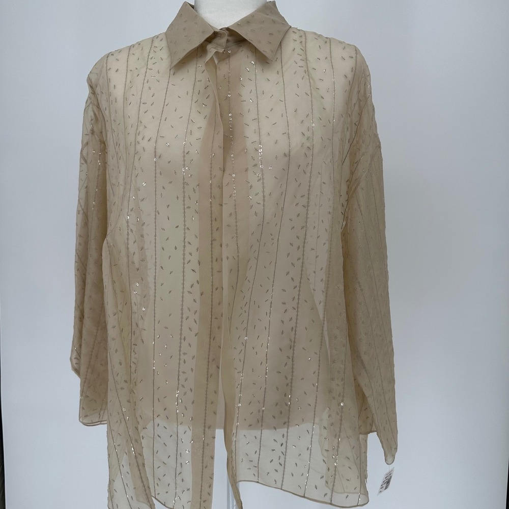 Vtg Ricky Freeman Teri Jon Gold Sequin Stripe Sheer Blouse Cami Set Beaded NEW L